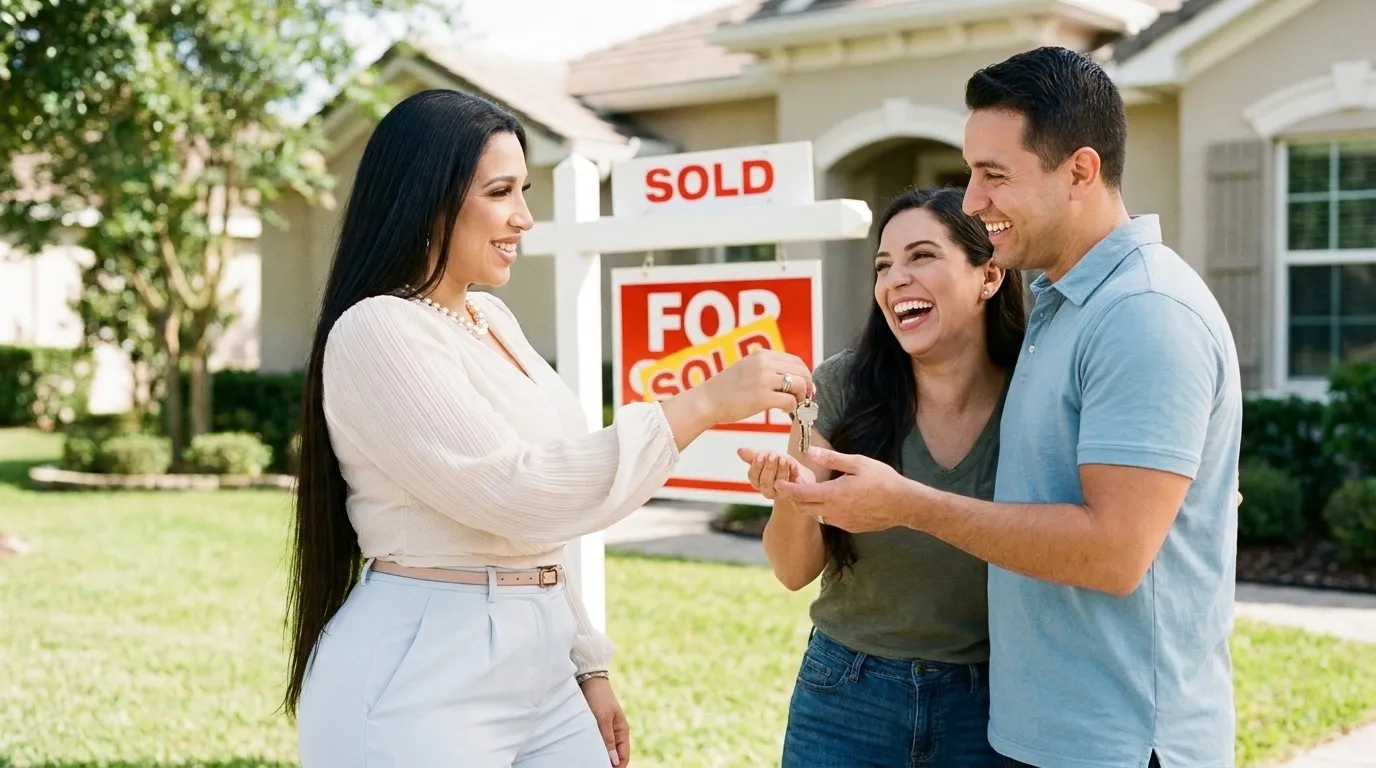Jazmine Clausen-Soir handing the keys to a happy couple in front of a sold Elizabeth home