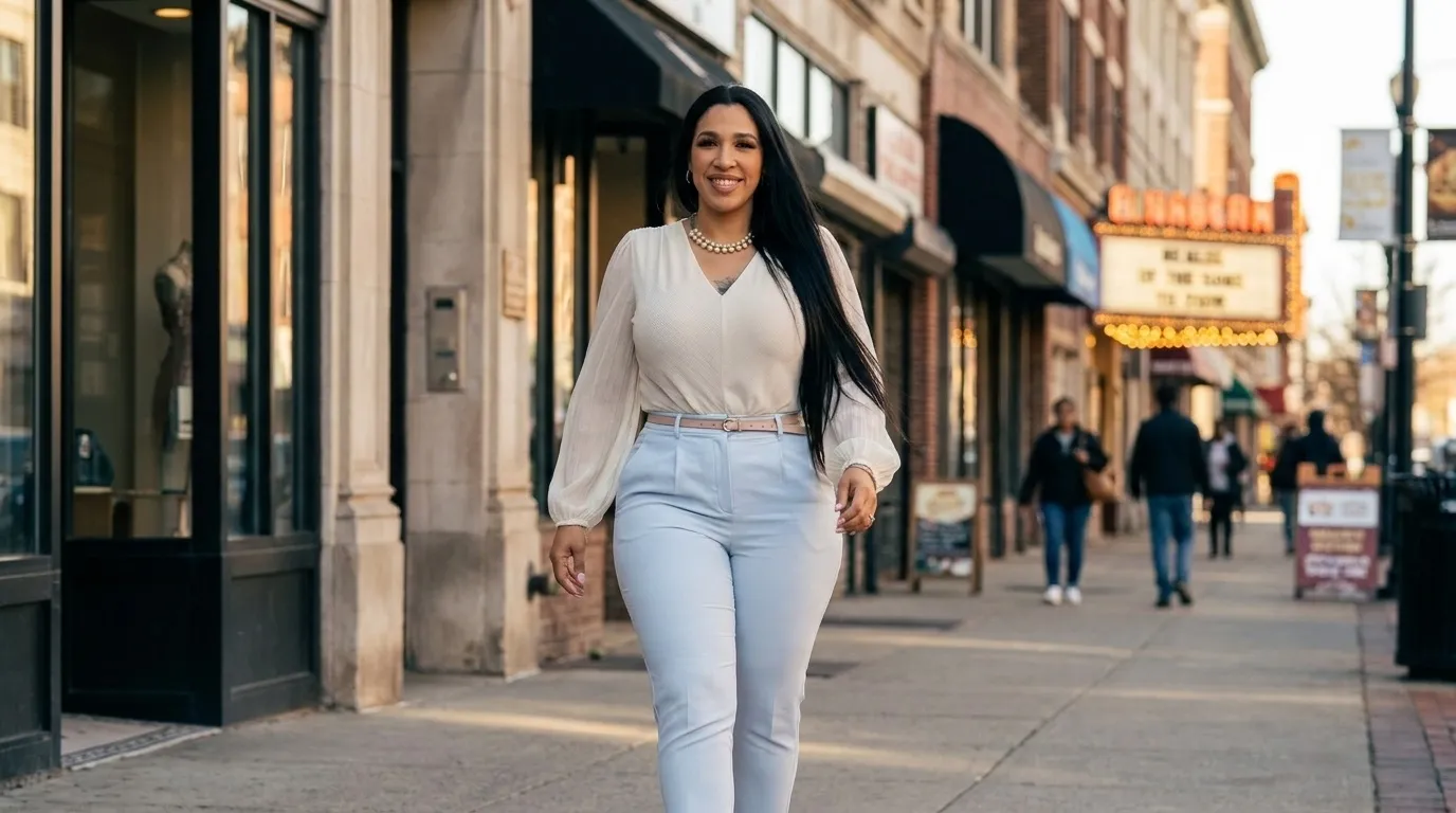 Jazmine Clausen-Soir walking a downtown Elizabeth sidewalk near the shops and train