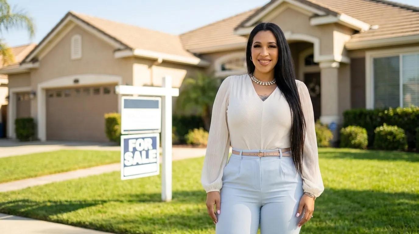 Jazmine Clausen-Soir standing in front of an Elizabeth home with a For Sale sign